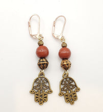Load image into Gallery viewer, Moroccan Hand of Fatima Hamsa Filigree Earrings brass, Hand of Fatima Jewelry, Dangle & Drop Earrings,