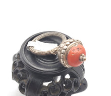 Load image into Gallery viewer, Antique Bawsani Yemen Silver Red Coral Ring size 8 Yemen tribal, tribal jewelry, Hand Crafted Silver, Yemen Jewelry, filigree Jewelry