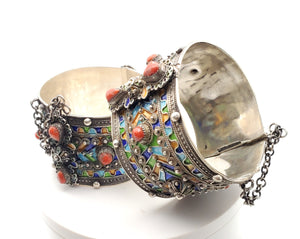 Original Old Kabyle silver enamel red coral cuff bracelet, ethnic tribal, tribal bracelets, jewelry Kabyle, ethnic jewelry, enamel bracelets