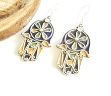 Load image into Gallery viewer, Moroccan Hand of Fatima Hamsa blue Enamel Earrings sterling silver 925,Hand of Fatima Jewelry,sliver Earrings,Dangle & Drop Earrings,