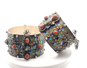 Original Old Kabyle silver enamel red coral cuff bracelet, ethnic tribal, tribal bracelets, jewelry Kabyle, ethnic jewelry, enamel bracelets