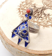 Load image into Gallery viewer, Moroccan Talismanic Berber Silver Enamel Ring size 9, tribal jewelry, Silver, Ethnic Jewelry, Tribal Jewelry