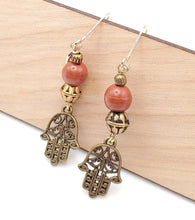 Load image into Gallery viewer, Moroccan Hand of Fatima Hamsa Filigree Earrings brass, Hand of Fatima Jewelry, Dangle & Drop Earrings,