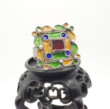 Load image into Gallery viewer, Moroccan Talismanic Berber Silver Enamel and glass cabochon Ring size 10.5, tribal jewelry, Silver, Ethnic Jewelry, Tribal Jewelry