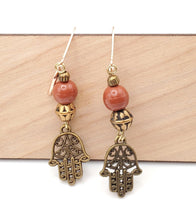 Load image into Gallery viewer, Moroccan Hand of Fatima Hamsa Filigree Earrings brass, Hand of Fatima Jewelry, Dangle & Drop Earrings,