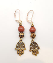 Load image into Gallery viewer, Moroccan Hand of Fatima Hamsa Filigree Earrings brass, Hand of Fatima Jewelry, Dangle & Drop Earrings,