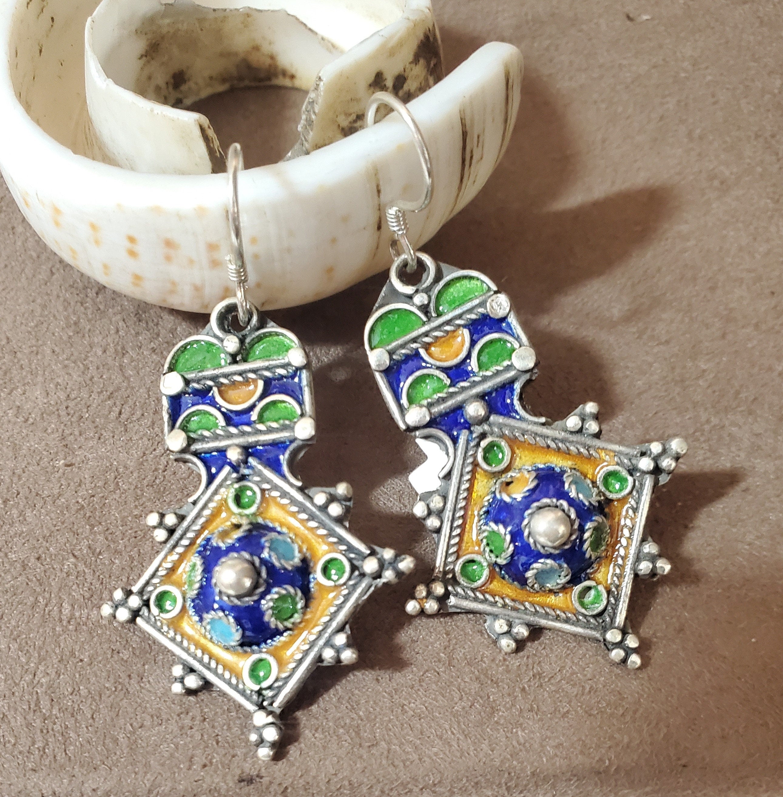 Old Berber silver enamel, red glass and danglers earrings from South Morocco, Maroc. hotsell tribalgallery.