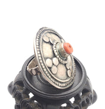 Load image into Gallery viewer, Antique Bawsani Yemen Silver Red Coral Ring size 7 Yemen tribal silver, tribal jewelry, Hand Crafted Silver, Yemen Jewelry, filigree Jewelry