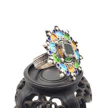 Load image into Gallery viewer, Moroccan Talismanic Berber Silver Enamel and glass cabochon Ring size 10, tribal jewelry, Silver, Ethnic Jewelry, Tribal Jewelry