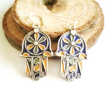 Load image into Gallery viewer, Moroccan Hand of Fatima Hamsa blue Enamel Earrings sterling silver 925,Hand of Fatima Jewelry,sliver Earrings,Dangle & Drop Earrings,