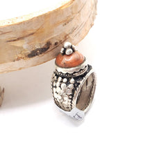 Load image into Gallery viewer, Antique Bawsani Yemen Silver Red Coral Ring size 7.5 Yemen tribal silver, tribal jewelry, Hand Crafted Silver, Yemen Jewelry