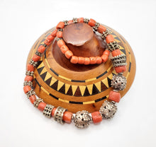Load image into Gallery viewer, Antique Silver Filigree Coral Necklace: Yemen Tribal Jewelry