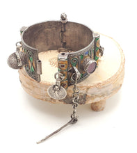 Load image into Gallery viewer, Antique Silver Berber Bracelet: Moroccan Enamel & Glass, Early 19th Century