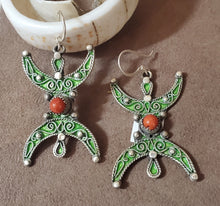 Load image into Gallery viewer, Moroccan Berber Sterling Silver Enamel Earrings: Red Coral Dangle Jewelry