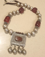 Load image into Gallery viewer, Antique Silver Amulet Necklace: Agate & African Amber, 1910s Bedouin Tribal Jewelry
