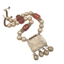 Load image into Gallery viewer, Antique Silver Amulet Necklace: Agate & African Amber, 1910s Bedouin Tribal Jewelry