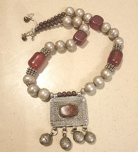 Load image into Gallery viewer, Antique Silver Amulet Necklace: Agate & African Amber, 1910s Bedouin Tribal Jewelry
