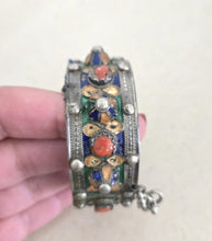 Load image into Gallery viewer, 1930s Kabyle Silver Cuff Bracelet: Enamel & Red Coral Tribal Jewelry