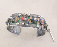 Load image into Gallery viewer, 1930s Kabyle Silver Cuff Bracelet: Enamel & Red Coral Tribal Jewelry