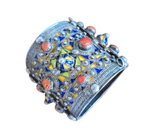 Load image into Gallery viewer, 1930s Algerian Kabyle Silver Cuff Bracelet: Enamel & Red Coral Tribal Jewelry