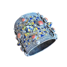 Load image into Gallery viewer, 1930s Algerian Kabyle Silver Cuff Bracelet: Enamel & Red Coral Tribal Jewelry