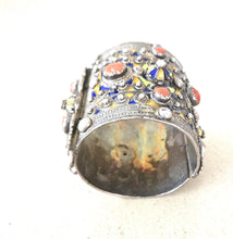 Load image into Gallery viewer, 1930s Algerian Kabyle Silver Cuff Bracelet: Enamel & Red Coral Tribal Jewelry