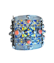 Load image into Gallery viewer, 1930s Algerian Kabyle Silver Cuff Bracelet: Enamel & Red Coral Tribal Jewelry