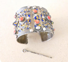 Load image into Gallery viewer, 1930s Algerian Kabyle Silver Cuff Bracelet: Enamel & Red Coral Tribal Jewelry
