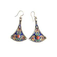 Load image into Gallery viewer, Moroccan Berber Earrings: Blue Enamel, Red Coral, Sterling Silver