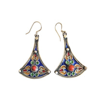 Load image into Gallery viewer, Moroccan Berber Earrings: Blue Enamel, Red Coral, Sterling Silver