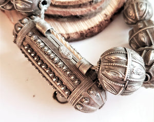 Old silver granulation hallmarked Globe beads star burst Hirz Necklace from Yemen circa 1930s,Bedouin tribal Silver,Ethnic Jewelry