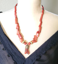 Load image into Gallery viewer, Antique Berber Natural Coral Beads Necklace 22 K Gold over Wax Beads,Branch Red Coral,Mediterranean coral,Genuine coral,Ethnic Coral jewelry