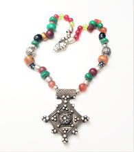 Load image into Gallery viewer, antique Berber silver Cross Amber trade beads necklace,Hand Crafted Silver,Pendants Necklace,Ethnic Jewelry,Tribal Jewelry