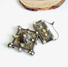 Load image into Gallery viewer, Moroccan Huge Old Enamel Silver Cross Pendant ,silver 925,Moroccan Amulet ,Cross Jewelry,Enamel Jewelry,Berber Pendant,