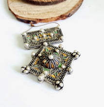 Load image into Gallery viewer, Moroccan Huge Old Enamel Silver Cross Pendant ,silver 925,Moroccan Amulet ,Cross Jewelry,Enamel Jewelry,Berber Pendant,