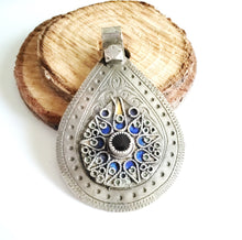 Load image into Gallery viewer, Antique Moroccan Silver Enamel and Glass cabochon Berber Pendant, Berber Amulet,Berber Jewelry,African Jewelry,Charm Pendant,