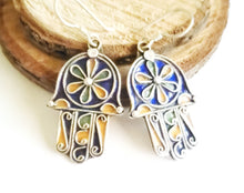 Load image into Gallery viewer, Moroccan Hand of Fatima Hamsa blue Enamel Earrings sterling silver 925,Hand of Fatima Jewelry,sliver Earrings,Dangle & Drop Earrings,