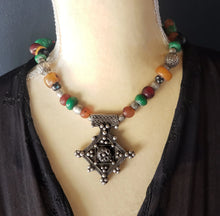 Load image into Gallery viewer, antique Berber silver Cross Amber trade beads necklace,Hand Crafted Silver,Pendants Necklace,Ethnic Jewelry,Tribal Jewelry