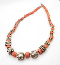 Load image into Gallery viewer, Antique Silver Bawsani filigree coral beads Necklace form Yemen tribal jewelry, filigree beads,yemene jwellery