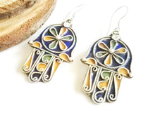 Load image into Gallery viewer, Moroccan Hand of Fatima Hamsa blue Enamel Earrings sterling silver 925,Hand of Fatima Jewelry,sliver Earrings,Dangle & Drop Earrings,