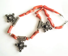 Load image into Gallery viewer, Antique Moroccan Berber natural red Coral Berber Old silver cross Pendants Necklace ,Berber Necklaces,Ethnic Jewelry,Tribal Jewelry
