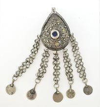 Load image into Gallery viewer, Antique Moroccan Silver enamel Berber Teardrop Pendant with dangle coins, Berber Amulet,Berber Jewelry,African Jewelry,Charm Pendant,