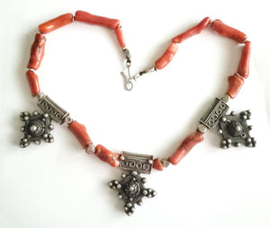 Antique Moroccan Berber natural red Coral Berber Old silver cross Pendants Necklace ,Berber Necklaces,Ethnic Jewelry,Tribal Jewelry