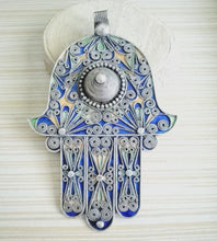Load image into Gallery viewer, Moroccan Huge Enamel Silver Hand of Fatima Hamsa Pendant Amulet,Berber Jewelry, Enamel Jewelry,Moroccan Jewelry,Hand of Fatima Charm,