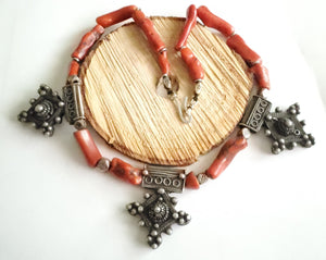 Antique Moroccan Berber natural red Coral Berber Old silver cross Pendants Necklace ,Berber Necklaces,Ethnic Jewelry,Tribal Jewelry