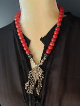 Load image into Gallery viewer, Antique Yemen silver Dangle Filigree Red Beads Necklace,trade beads, Ethiopian necklace, Ethiopian trade beads, Filigree Necklace