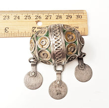 Load image into Gallery viewer, Antique Moroccan Enameled Silver Ball Pendent with Coin PendantHand Crafted Silver,Pendants Necklace,Ethnic Jewelry,Tribal Jewelry
