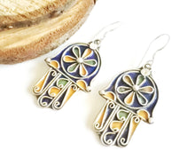 Load image into Gallery viewer, Moroccan Hand of Fatima Hamsa blue Enamel Earrings sterling silver 925,Hand of Fatima Jewelry,sliver Earrings,Dangle & Drop Earrings,
