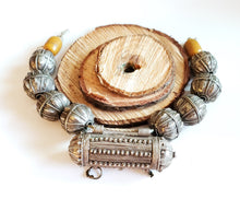 Load image into Gallery viewer, Old silver granulation hallmarked Globe beads star burst Hirz Necklace from Yemen circa 1930s,Bedouin tribal Silver,Ethnic Jewelry
