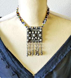 Handmade Tribal rare Ethiopian silver amulet and Glass Beads necklace,Hand Crafted, Ethiopian Telsum,african Silver, ethiopian jewelry